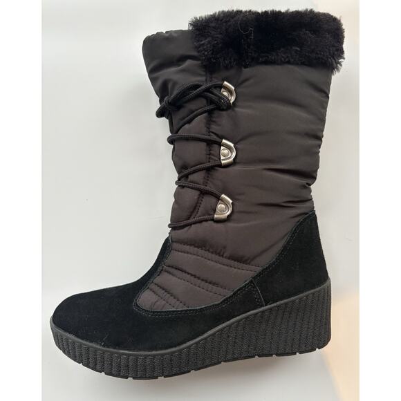 Totes Winter Boots Womens 6 Black Wedge Faux Fur Snow Waterproof Liz - Picture 2 of 5